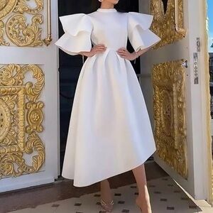 WHITE SCUBA PUFF SLEEVE DRESS